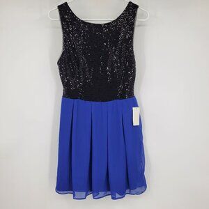 NWT B Darlin Blue and Black Sequin Y2K Pleated Chiffon Skirt Mini‎ Dress Medium